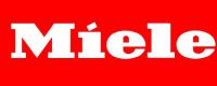 Logo von Miele auf rotem Hintergrund in weißer Schrift.